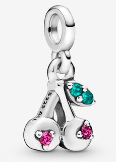 Charm colgante cerezas plata con circonias rosa y hoja verde azulada