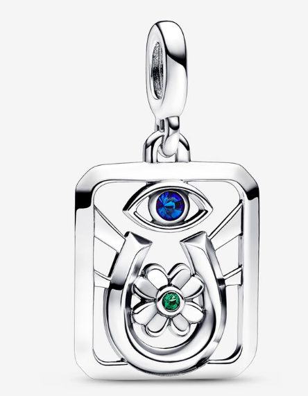 Charm colgante placa ojo y herradura plata con circonias azul y verde